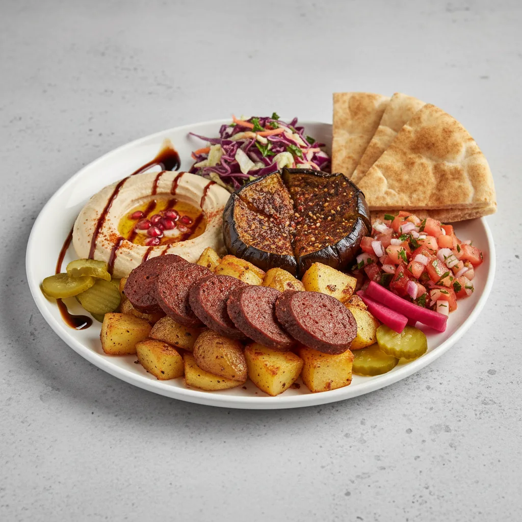 Garlic Potatoes with Toum Soujouk Platter Garlic Potatoes with Toum Soujouk Platter