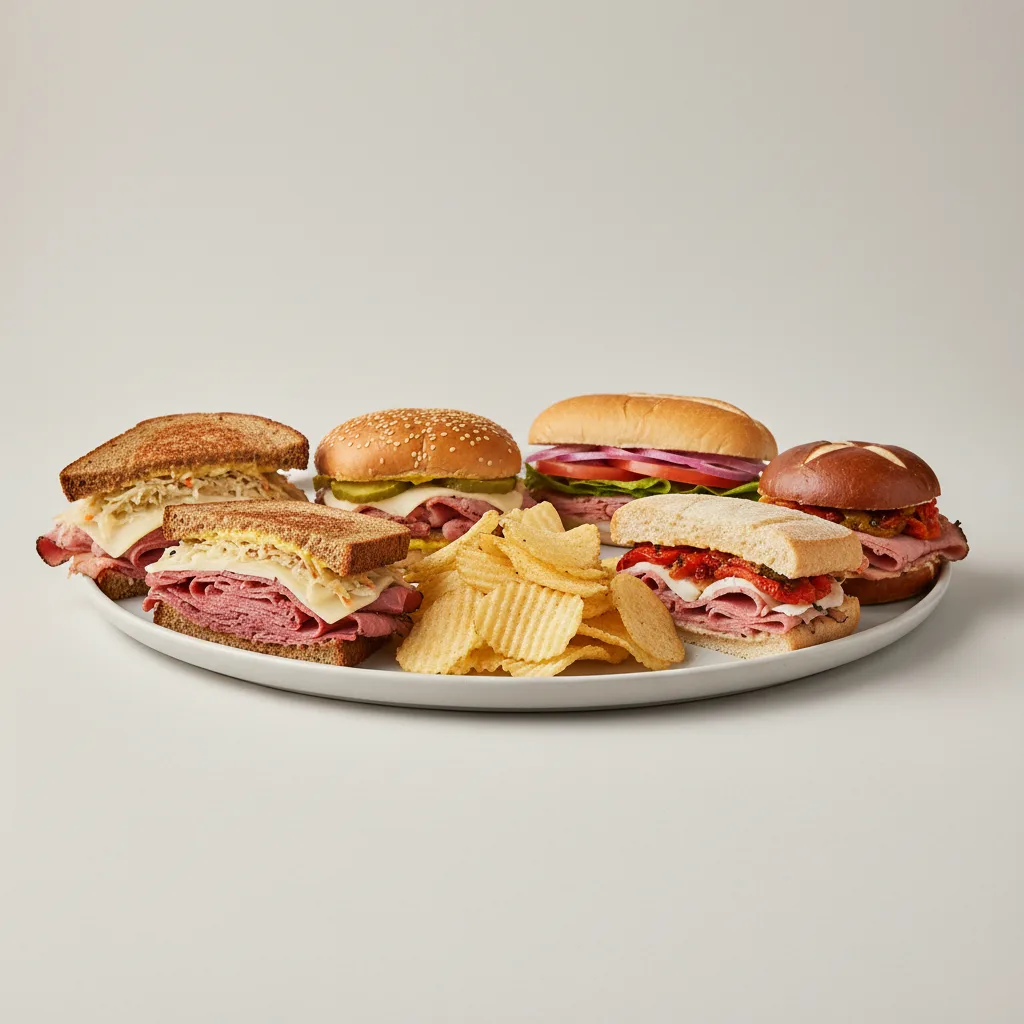 5 Assorted Pastrami Sandwiches and Chips Set 5 Assorted Pastrami Sandwiches and Chips Set