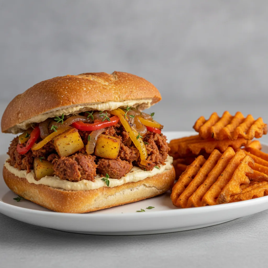 Vegan Corned Beef Hash Sandwich with Waffle Fries Vegan Corned Beef Hash Sandwich with Waffle Fries