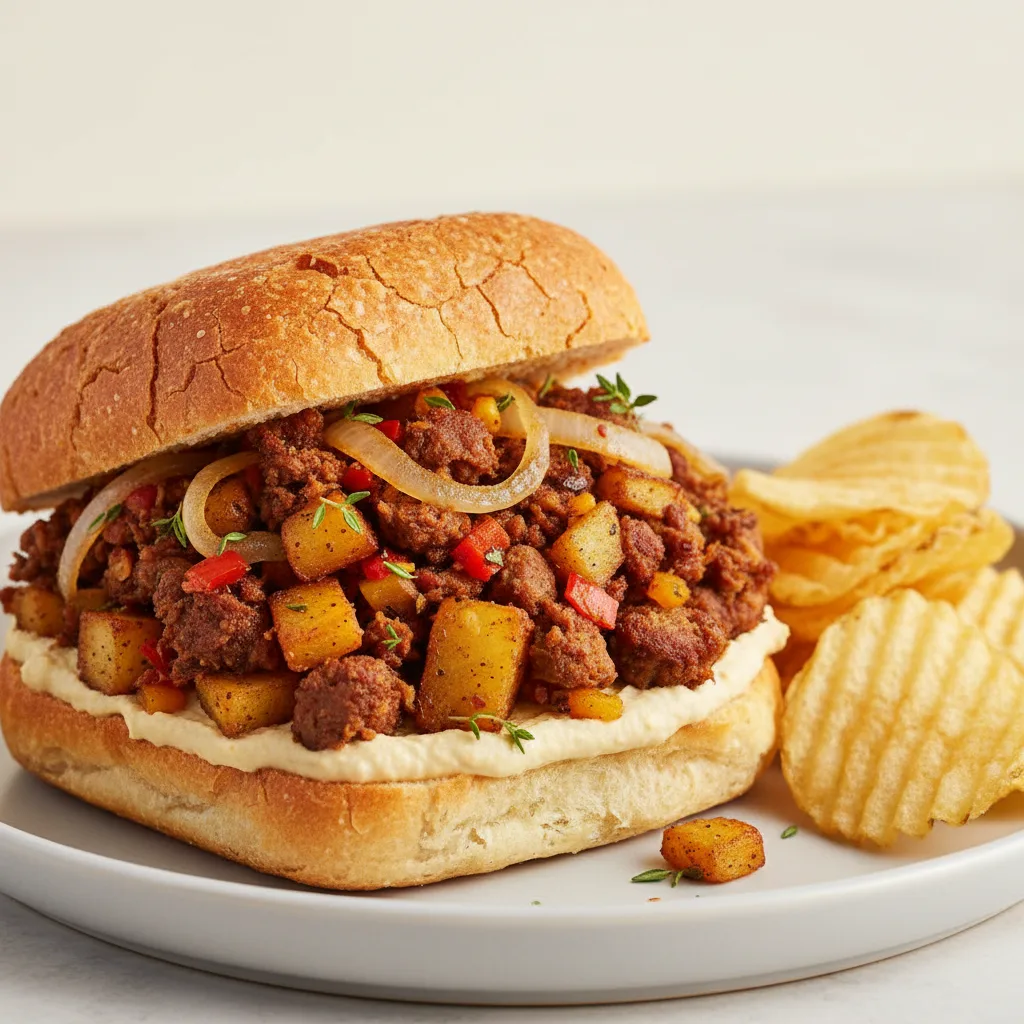 Vegan Corned Beef Hash Sandwich with House Chips Vegan Corned Beef Hash Sandwich with House Chips