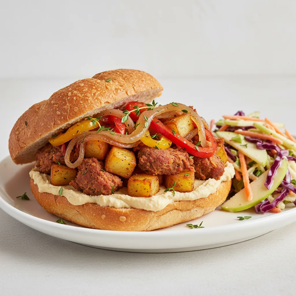 Vegan Corned Beef Hash Sandwich with Apple Coleslaw Vegan Corned Beef Hash Sandwich with Apple Coleslaw