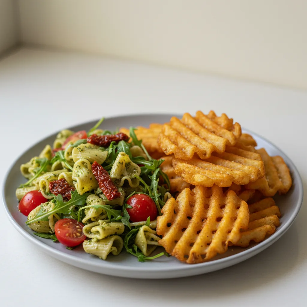 Pesto and Tomato Pasta Salad with Waffle Fries Pesto and Tomato Pasta Salad with Waffle Fries