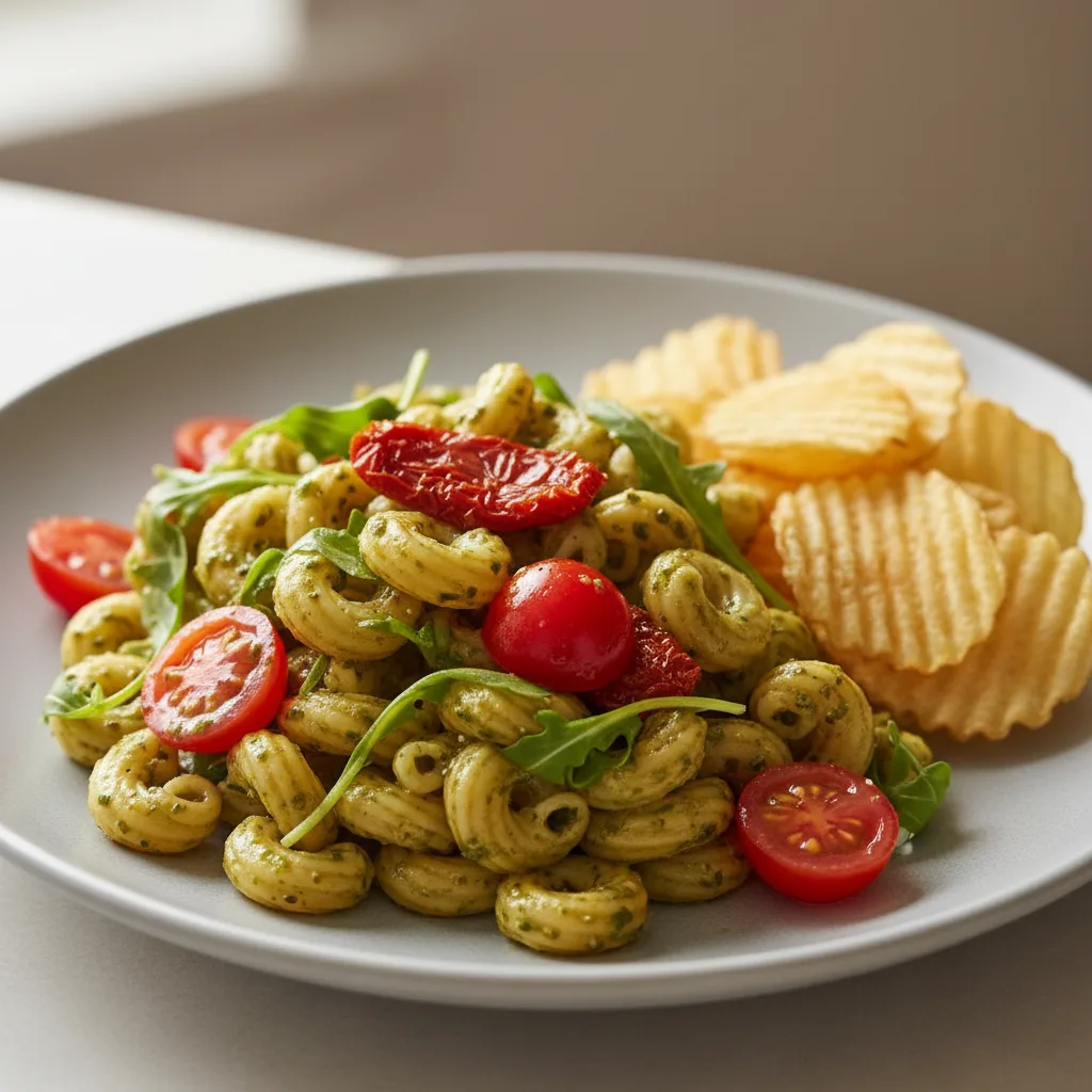 Pesto and Tomato Pasta Salad with House Chips Pesto and Tomato Pasta Salad with House Chips