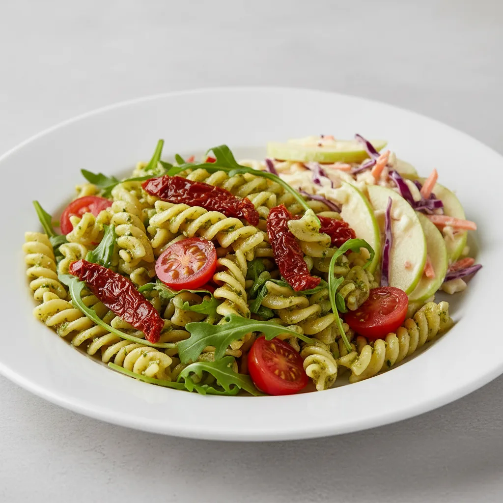 Pesto and Tomato Pasta Salad with Apple Coleslaw Pesto and Tomato Pasta Salad with Apple Coleslaw