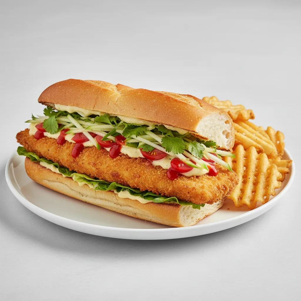 Crispy Whole Fish Filet Po' Boy with Waffle Fries Crispy Whole Fish Filet Po' Boy with Waffle Fries