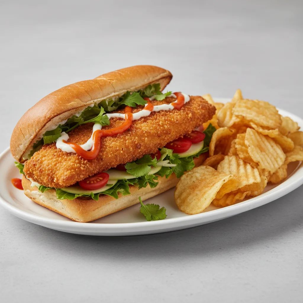 Crispy Whole Fish Filet Po' Boy with House Chips Crispy Whole Fish Filet Po' Boy with House Chips
