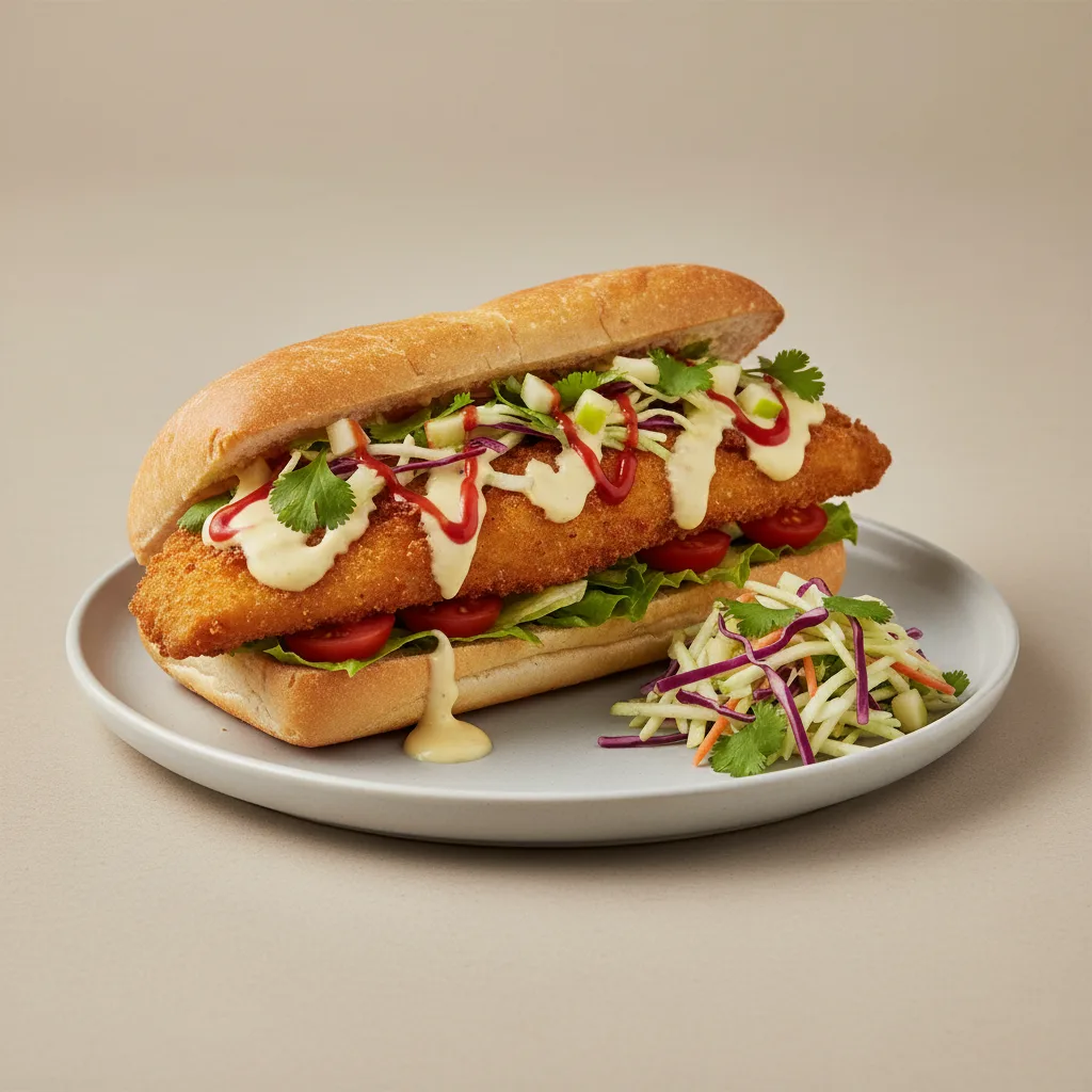 Crispy Whole Fish Filet Po' Boy with Apple Coleslaw Crispy Whole Fish Filet Po' Boy with Apple Coleslaw