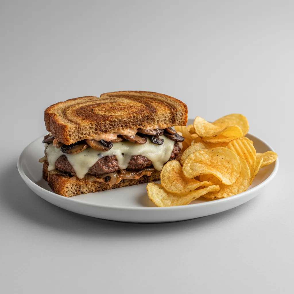 Mushroom Swiss Patty Melt with House Chips Mushroom Swiss Patty Melt with House Chips