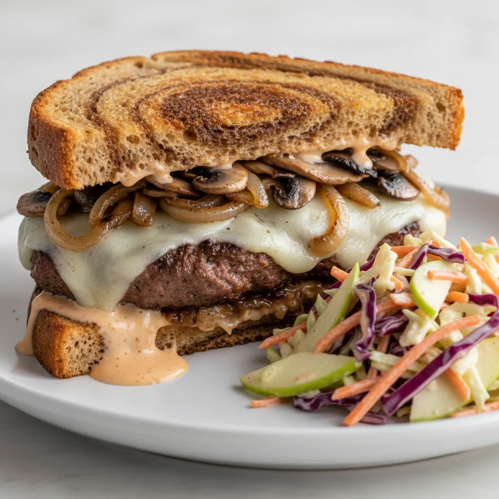 Mushroom Swiss Patty Melt with Apple Coleslaw Mushroom Swiss Patty Melt with Apple Coleslaw