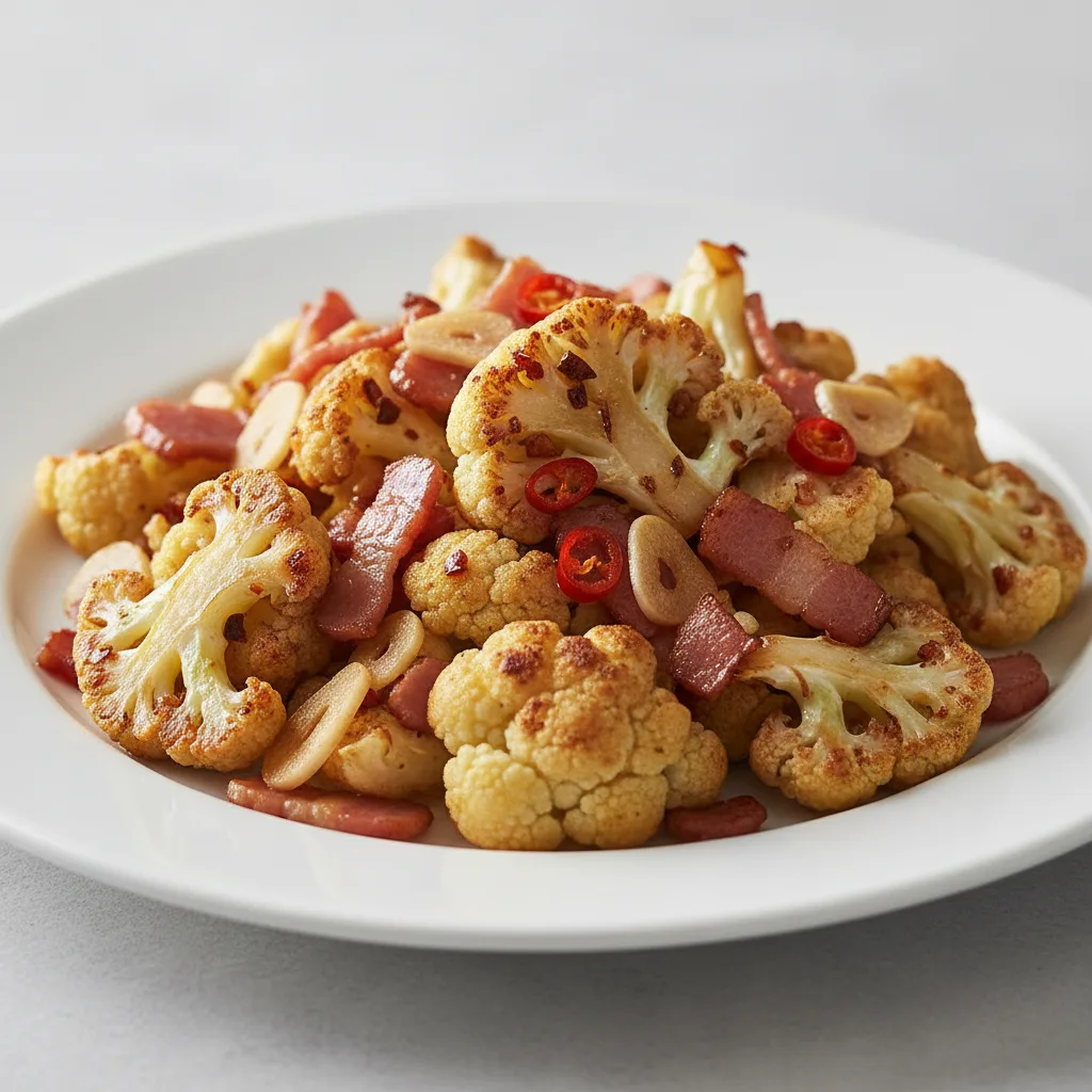 Sauteed Cauliflower and Bacon with Garlic and Red Hot Pepper