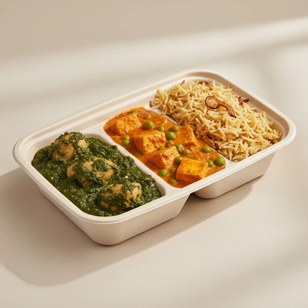 Chicken Saag, Paneer Matar and Biryani Bento Chicken Saag, Paneer Matar and Biryani Bento