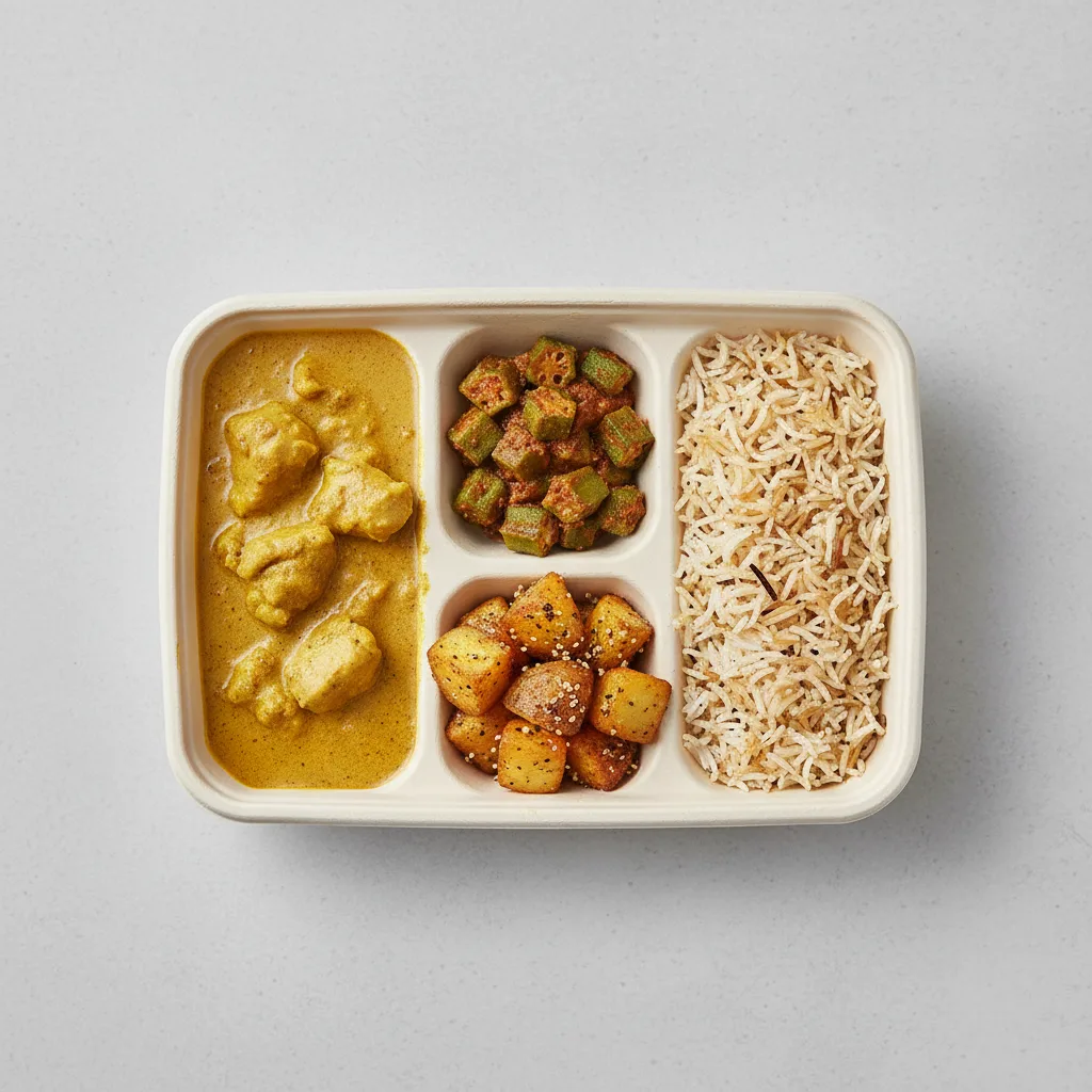 Coconut Chicken Curry, Okra Masala and Biryani Bento Coconut Chicken Curry, Okra Masala and Biryani Bento