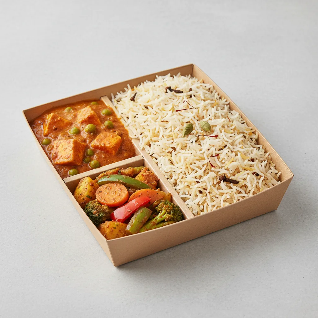 Masala Veggies, Paneer Matar and Biryani Bento Masala Veggies, Paneer Matar and Biryani Bento