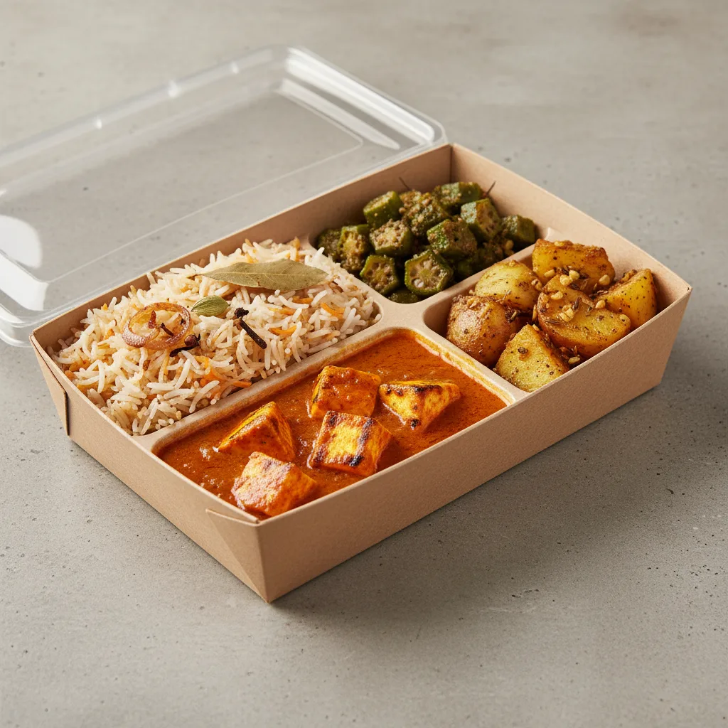 Okra Masala, Paneer Tikka and Biryani Bento Okra Masala, Paneer Tikka and Biryani Bento