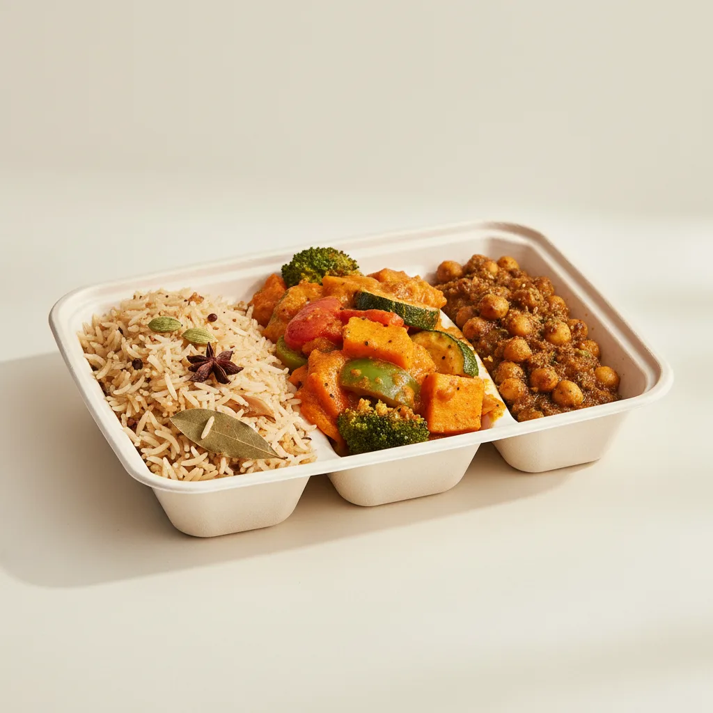 California Veg Tikka Masala, Chana Chaat Masala, Biryani Bento California Veg Tikka Masala, Chana Chaat Masala, Biryani Bento
