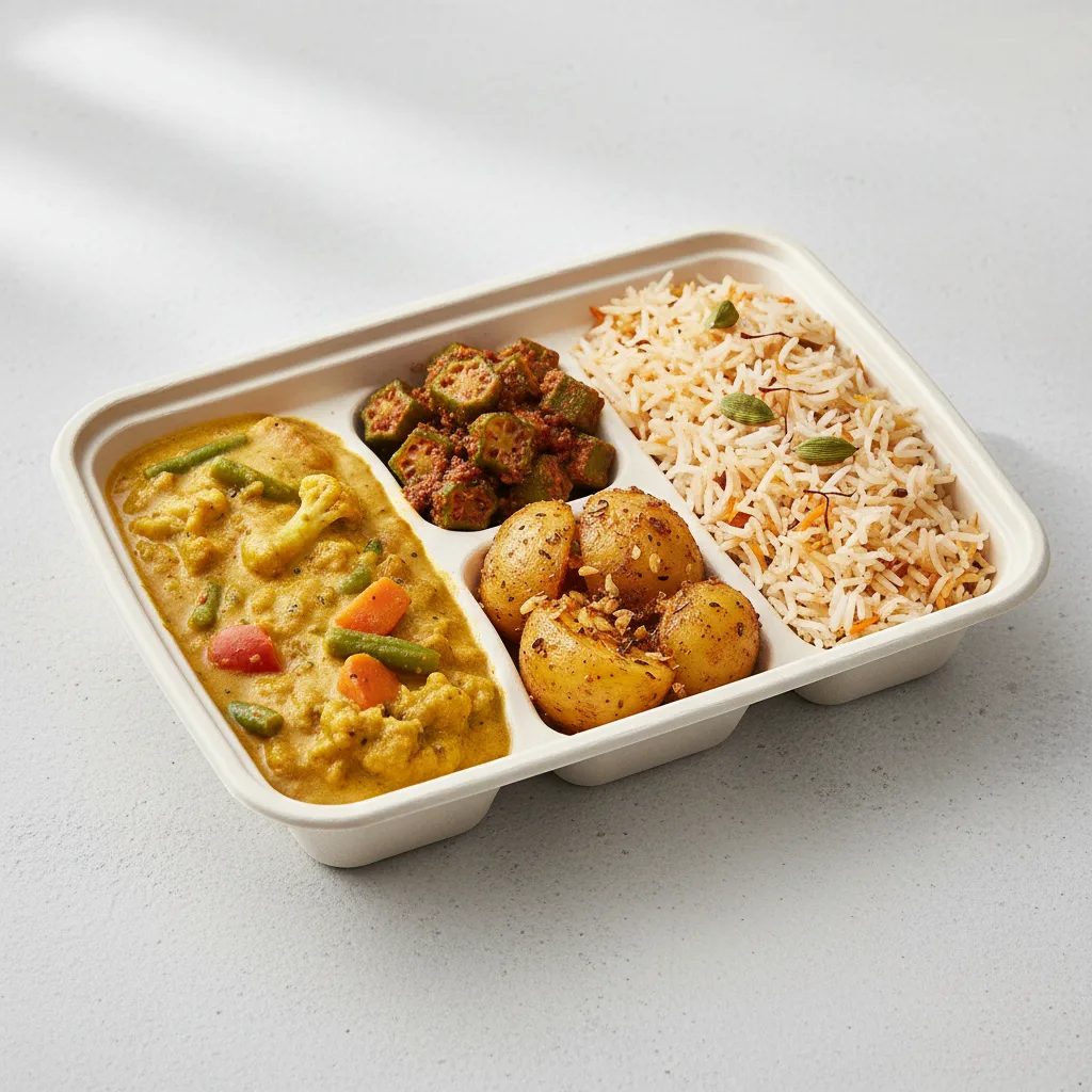 Coconut Veggie Curry, Okra Masala and Biryani Bento Coconut Veggie Curry, Okra Masala and Biryani Bento