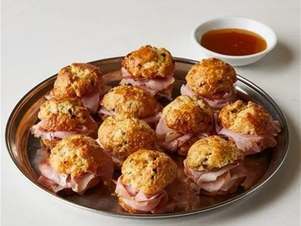 Mini Apricot and Currant Scones with Baked Ham and Honey Mustard