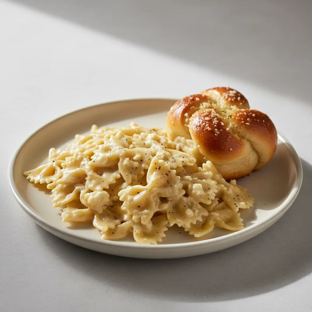 Bow Tie With Quattro Formaggi and Garlic Knot Bow Tie With Quattro Formaggi and Garlic Knot