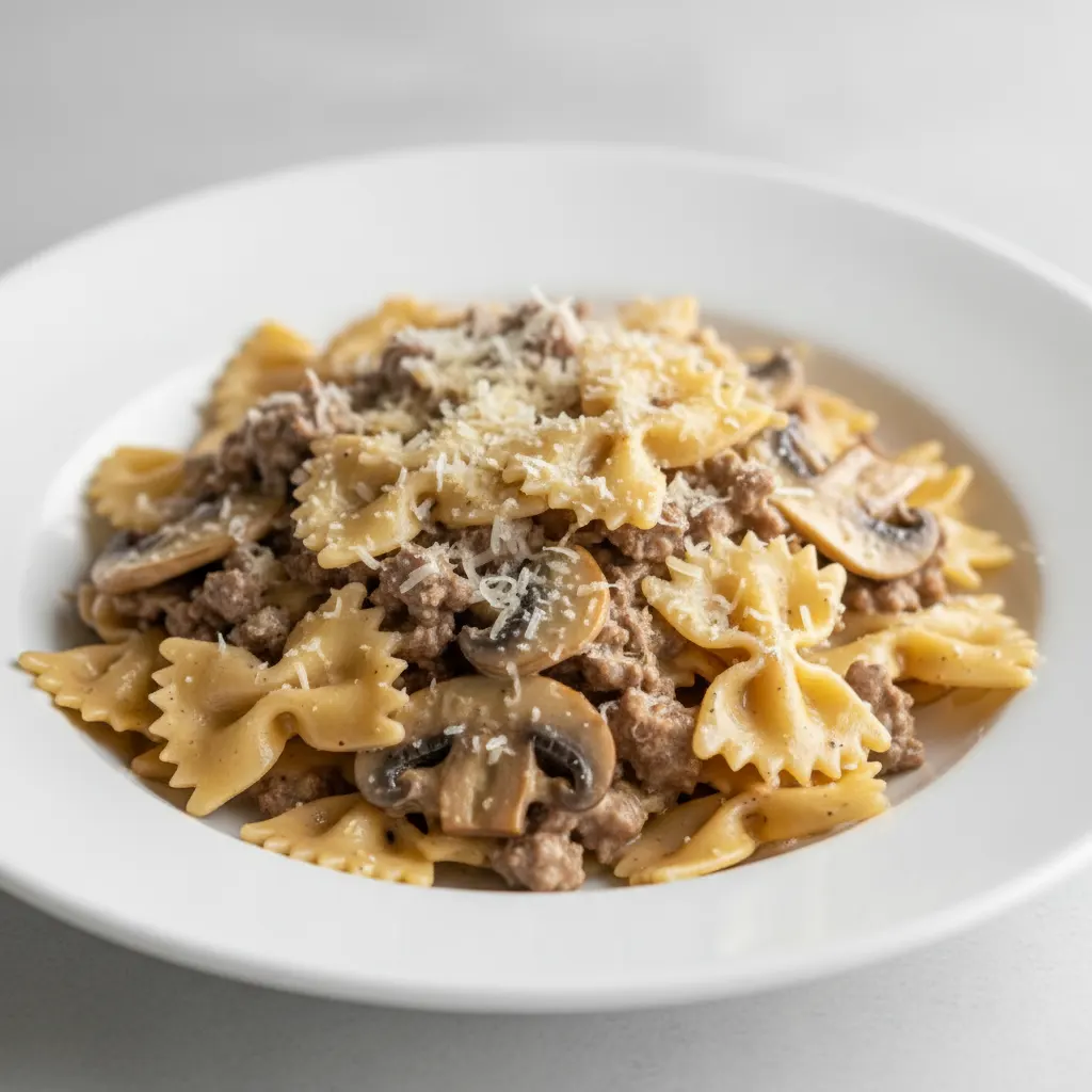 Bow Tie With Beef, Mushroom and Parmesan Bow Tie With Beef, Mushroom and Parmesan