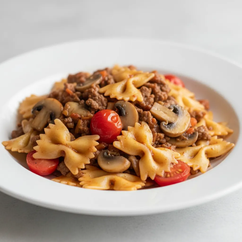 Bow Tie With Beef, Mushroom and Tomatoes Bow Tie With Beef, Mushroom and Tomatoes