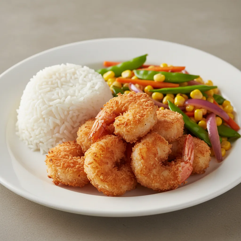 Coconut Shrimp, Steamed Jasmine Rice, Thai Vegetable Stir Fry Coconut Shrimp, Steamed Jasmine Rice, Thai Vegetable Stir Fry