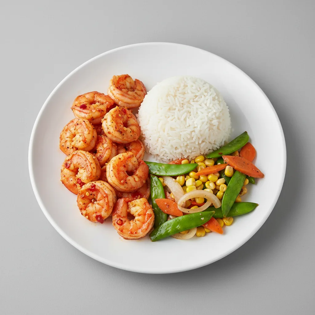 Chilli Lime Shrimp, Steamed Jasmine Rice, Thai Vegetable Stir Fry Chilli Lime Shrimp, Steamed Jasmine Rice, Thai Vegetable Stir Fry