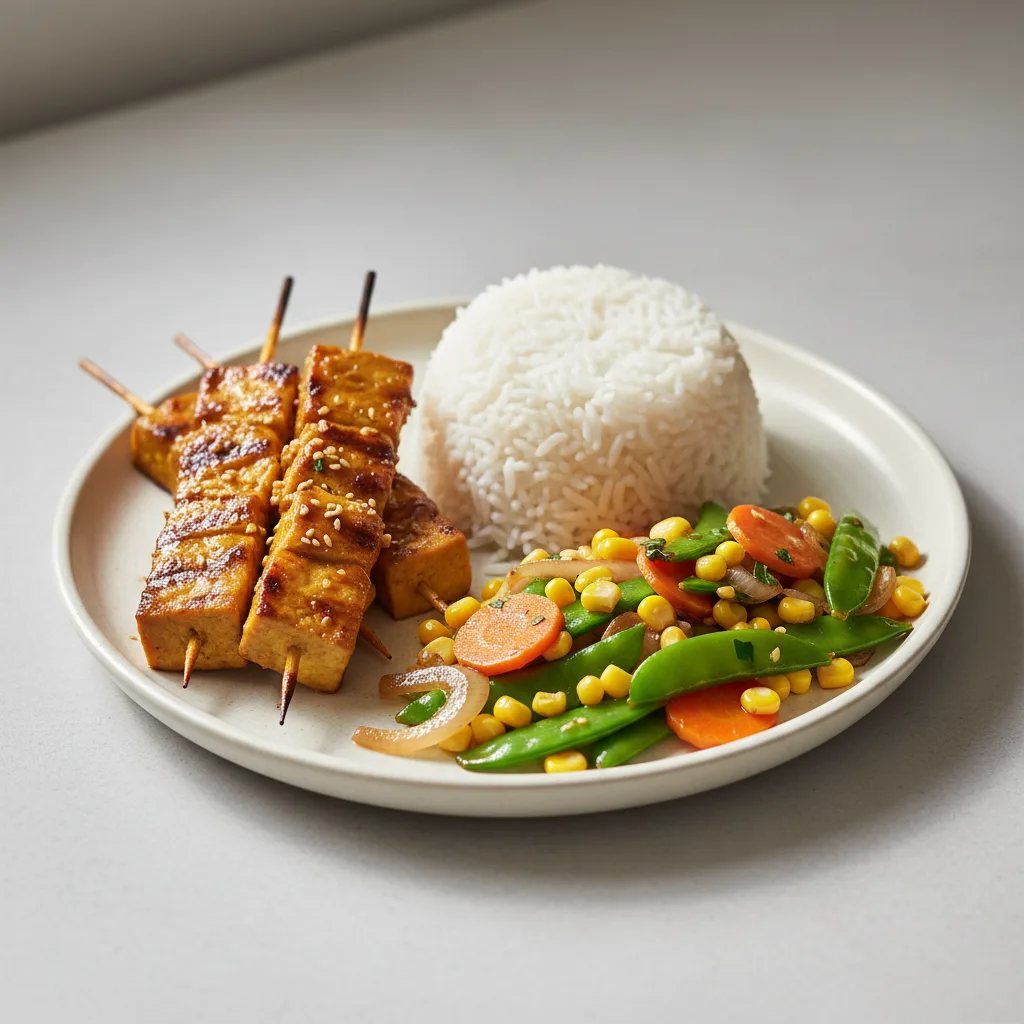 Vegan Tofu Satay, Steamed Jasmine Rice, Thai Vegetable Stir Fry Vegan Tofu Satay, Steamed Jasmine Rice, Thai Vegetable Stir Fry