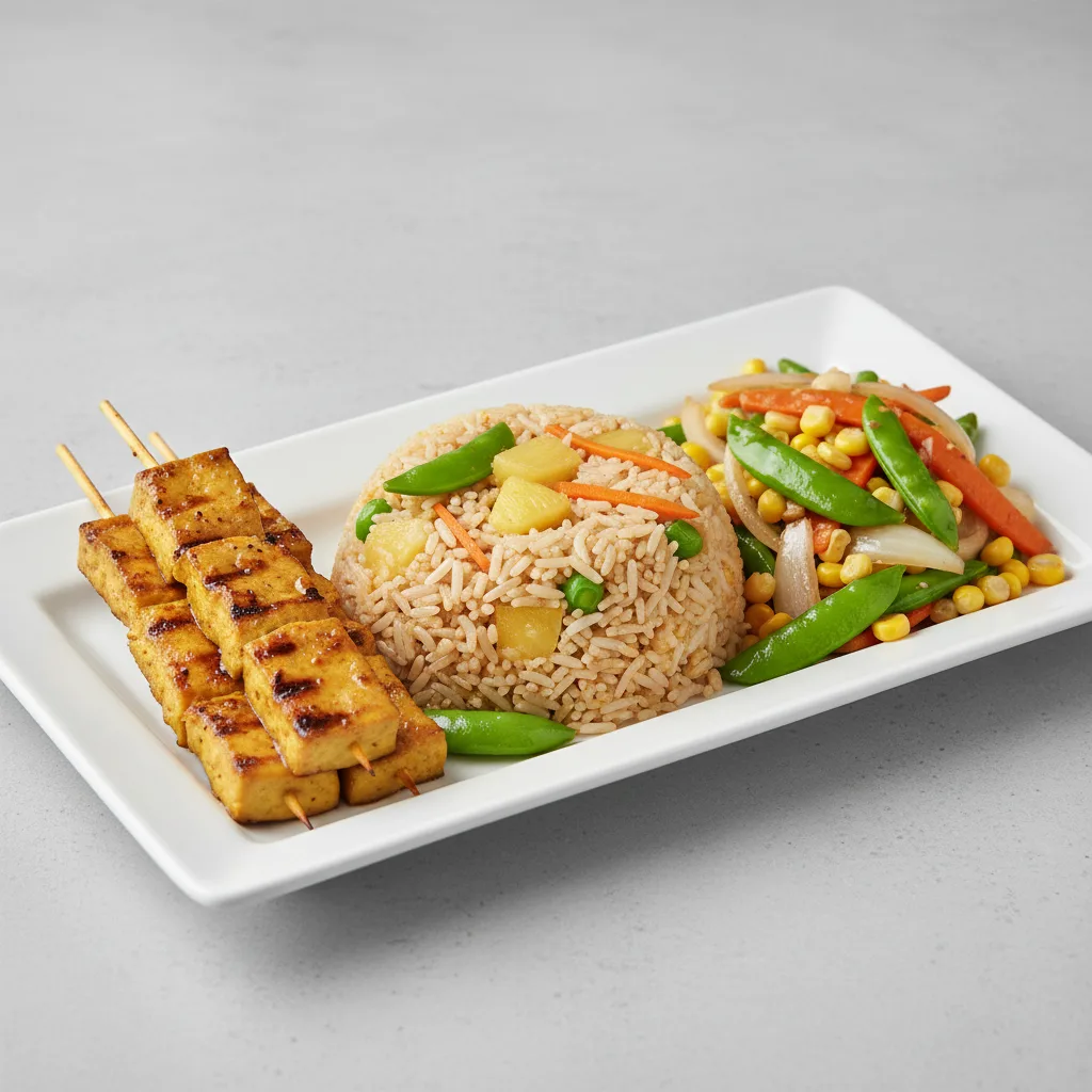 Vegan Tofu Satay, Pineapple Thai Fried Rice, Thai Vegetable Stir Fry Vegan Tofu Satay, Pineapple Thai Fried Rice, Thai Vegetable Stir Fry