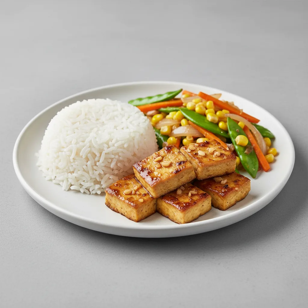 Vegan Lemongrass Tofu, Steamed Jasmine Rice, Thai Vegetable Stir Fry Vegan Lemongrass Tofu, Steamed Jasmine Rice, Thai Vegetable Stir Fry