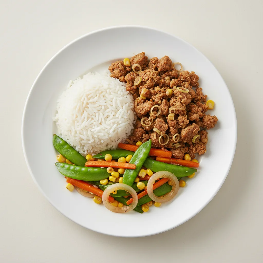 Vegan Lemongrass Impossible Meat, Steamed Jasmine Rice, Thai Vegetable Stir Fry Vegan Lemongrass Impossible Meat, Steamed Jasmine Rice, Thai Vegetable Stir Fry