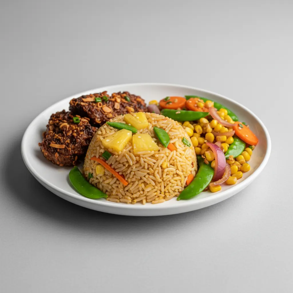 Vegan Lemongrass Impossible Meat, Pineapple Thai Fried Rice, Vegetable Stir Fry Vegan Lemongrass Impossible Meat, Pineapple Thai Fried Rice, Vegetable Stir Fry