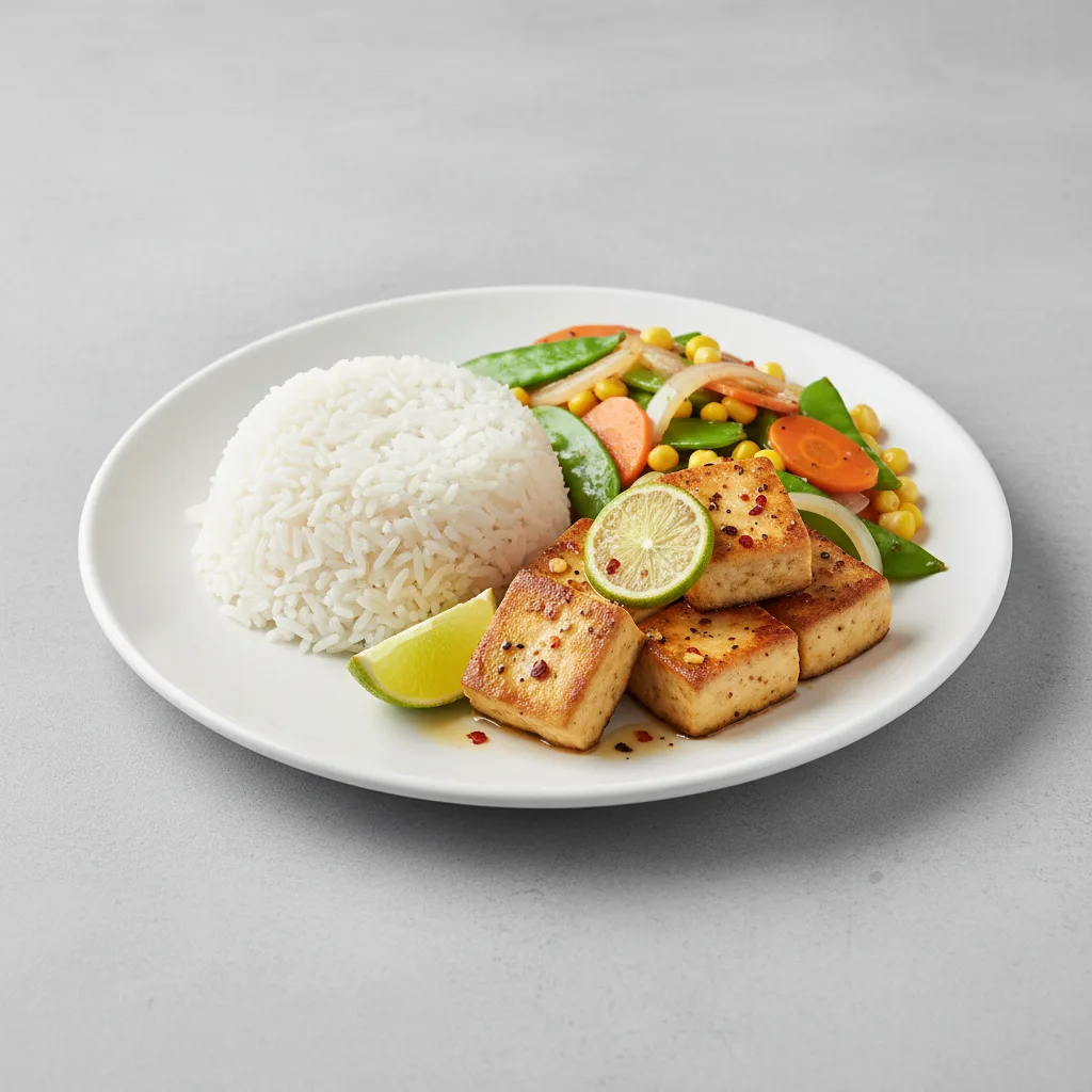 Vegan Chili Lime Tofu, Steamed Jasmine Rice, Thai Vegetable Stir Fry Vegan Chili Lime Tofu, Steamed Jasmine Rice, Thai Vegetable Stir Fry