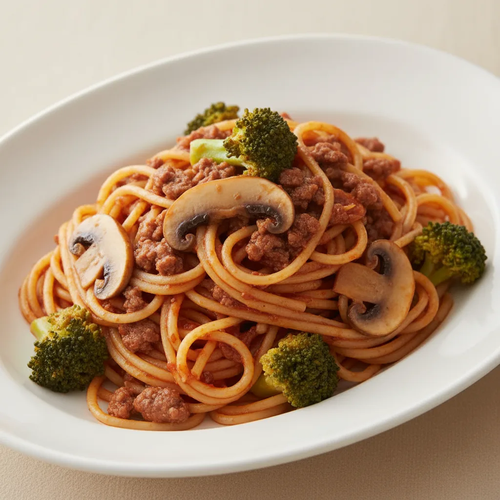 Spaghetti With Beef, Mushroom and Broccoli Spaghetti With Beef, Mushroom and Broccoli