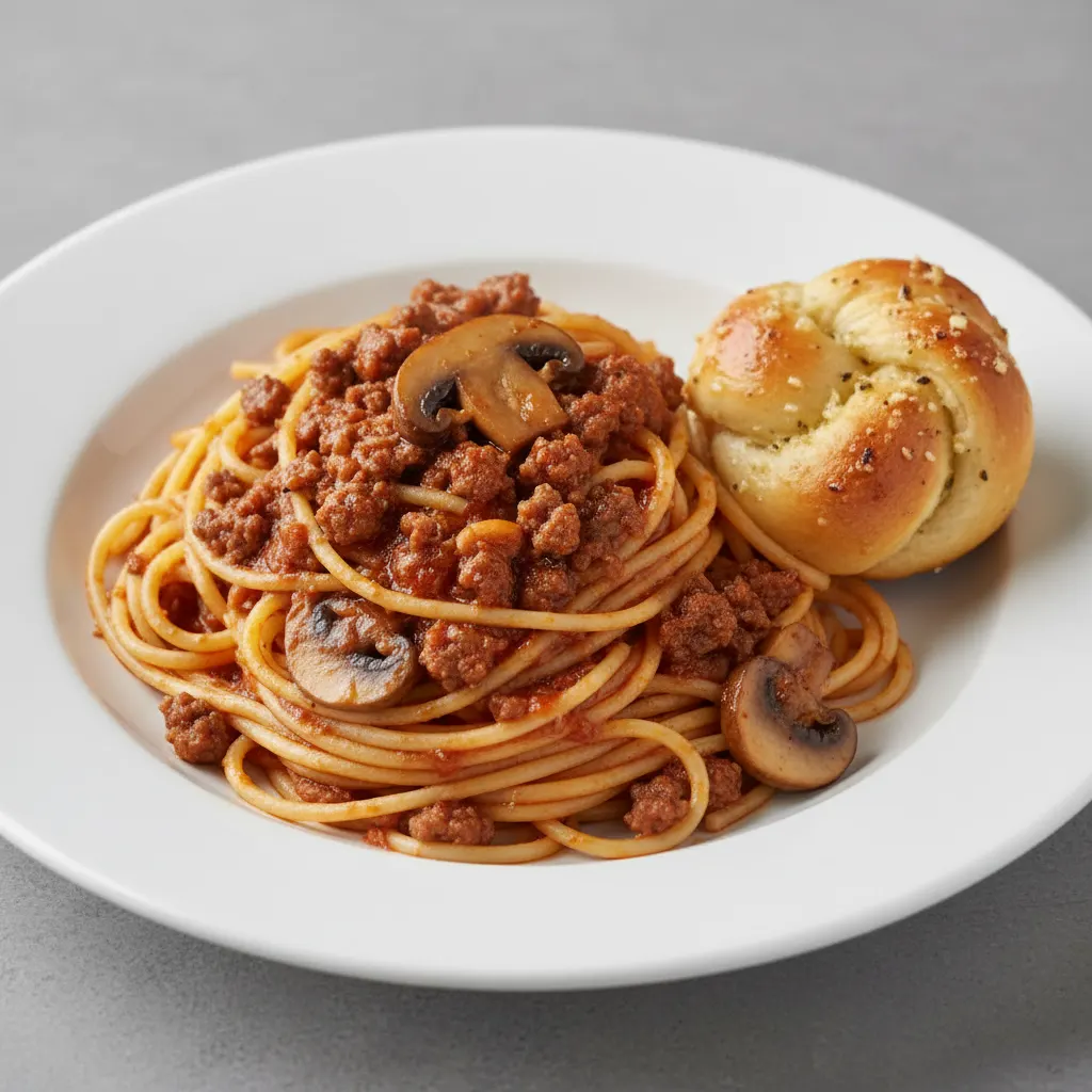 Spaghetti With Beef, Mushroom and Garlic Knot Spaghetti With Beef, Mushroom and Garlic Knot