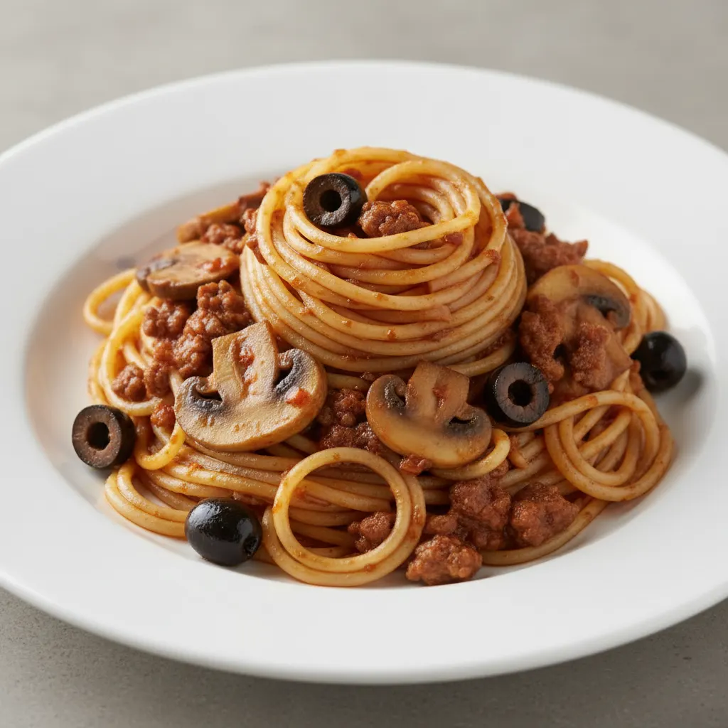 Spaghetti With Beef, Mushroom and Olives Spaghetti With Beef, Mushroom and Olives