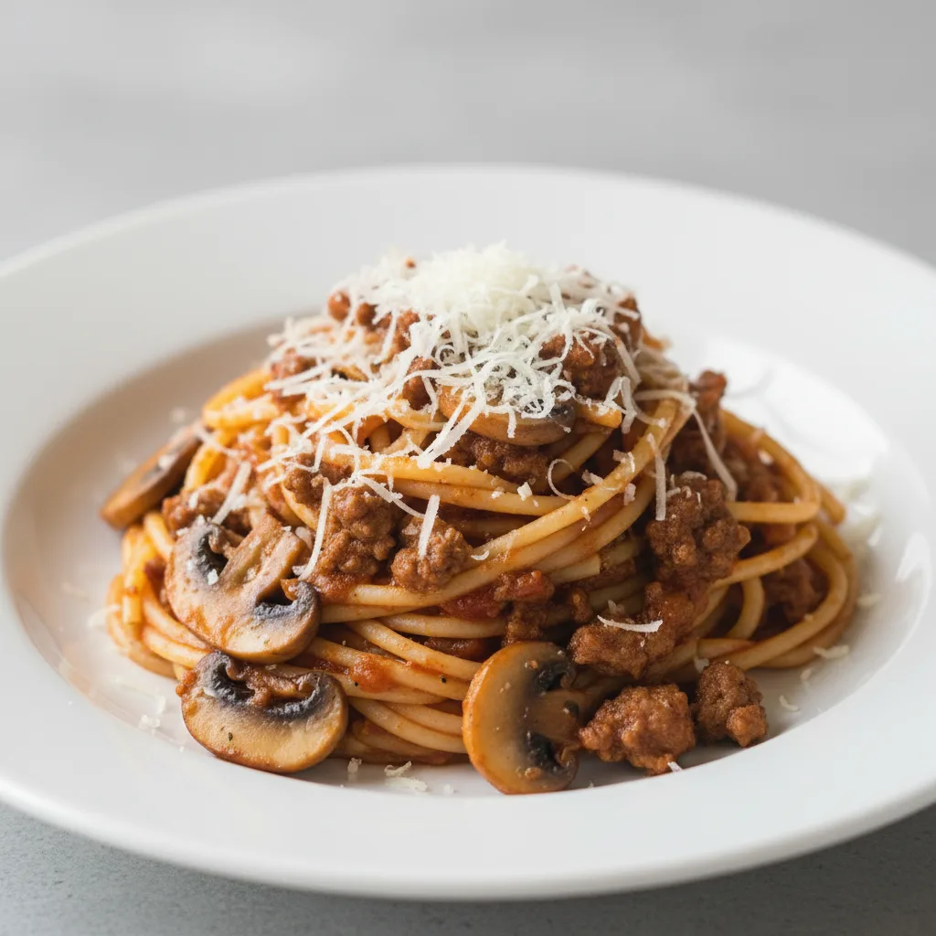 Spaghetti With Beef, Mushroom and Parmesan Spaghetti With Beef, Mushroom and Parmesan