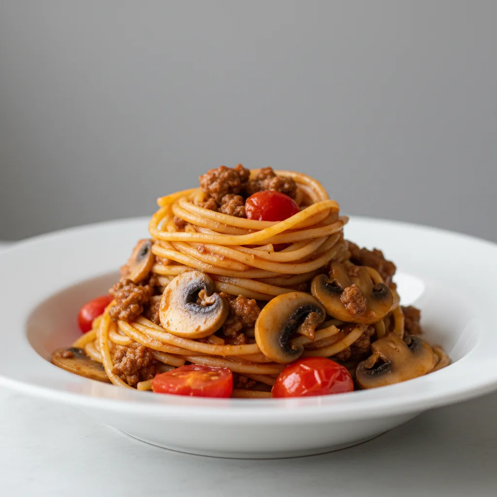 Spaghetti With Beef, Mushroom and Tomatoes Spaghetti With Beef, Mushroom and Tomatoes