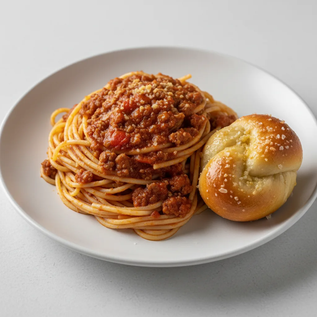 Spaghetti With Bolognese and Garlic Knot Spaghetti With Bolognese and Garlic Knot