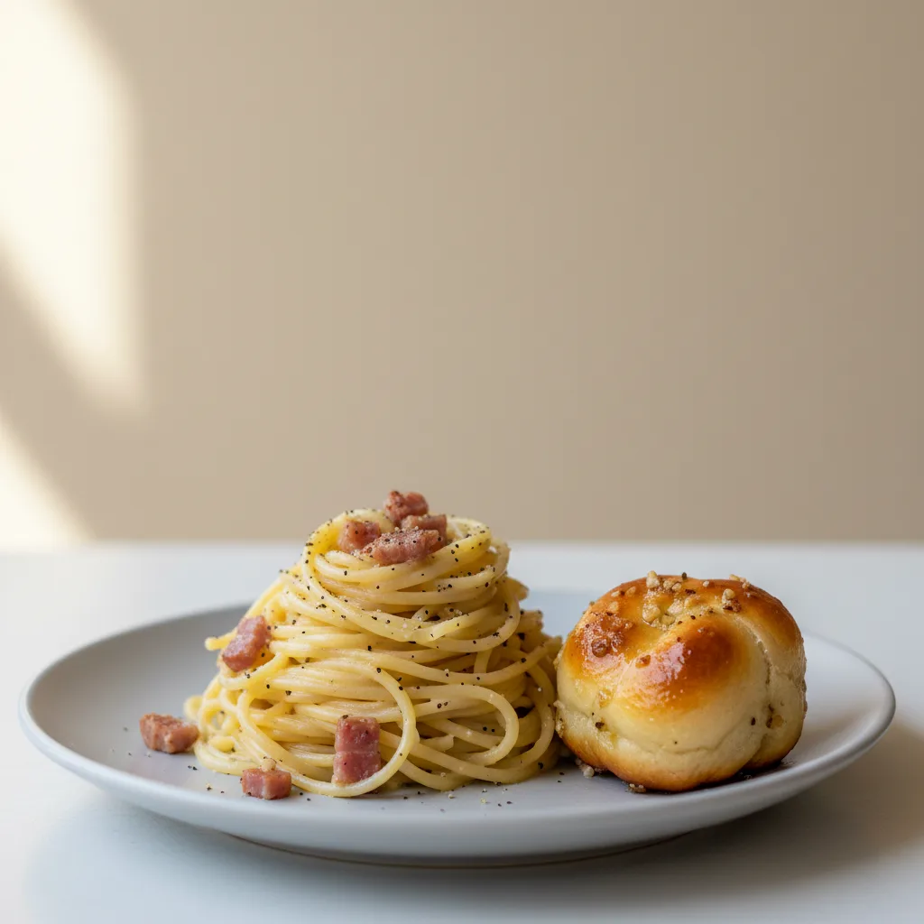 Spaghetti With Carbonara and Garlic Knot Spaghetti With Carbonara and Garlic Knot