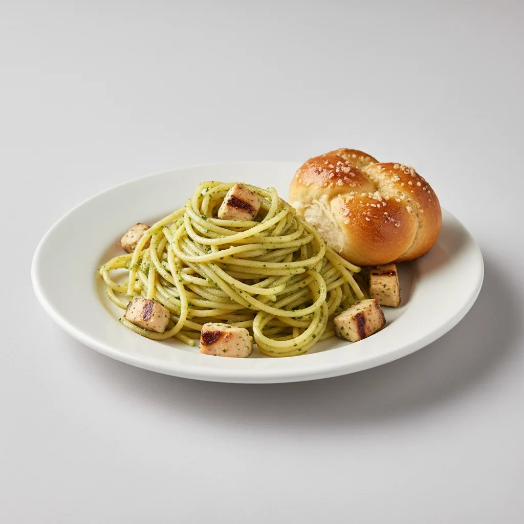 Spaghetti With Chicken Pesto and Garlic Knot Spaghetti With Chicken Pesto and Garlic Knot