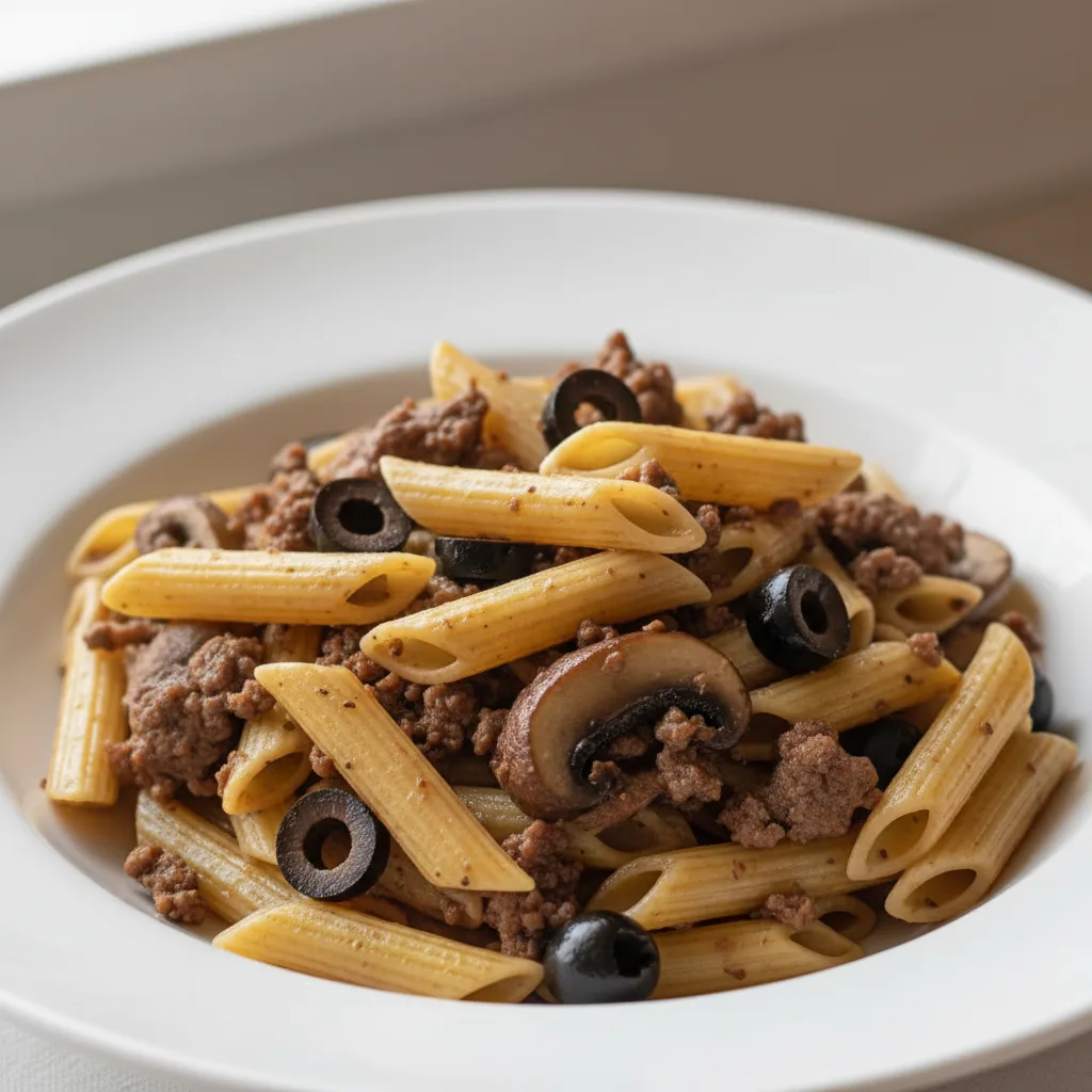 Gluten Free Penne With Beef, Mushroom and Olives Gluten Free Penne With Beef, Mushroom and Olives