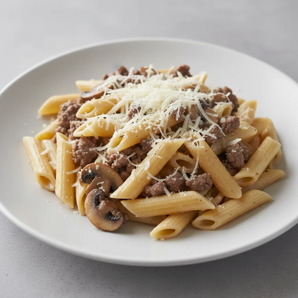 Gluten Free Penne With Beef, Mushroom and Parmesan Gluten Free Penne With Beef, Mushroom and Parmesan