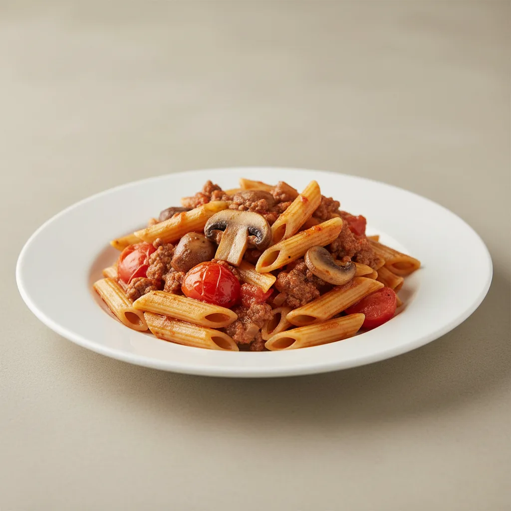 Gluten Free Penne With Beef, Mushroom and Tomatoes Gluten Free Penne With Beef, Mushroom and Tomatoes
