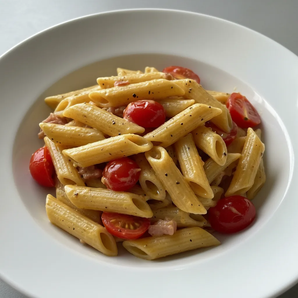 Gluten Free Penne With Carbonara and Cherry Tomatoes Gluten Free Penne With Carbonara and Cherry Tomatoes