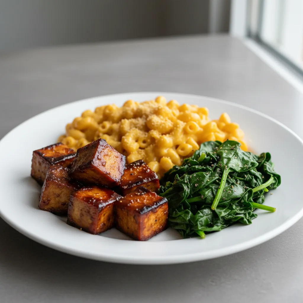 BBQ Tofu with Vegan Mac & Sauteed Spinach (Tomato Free)