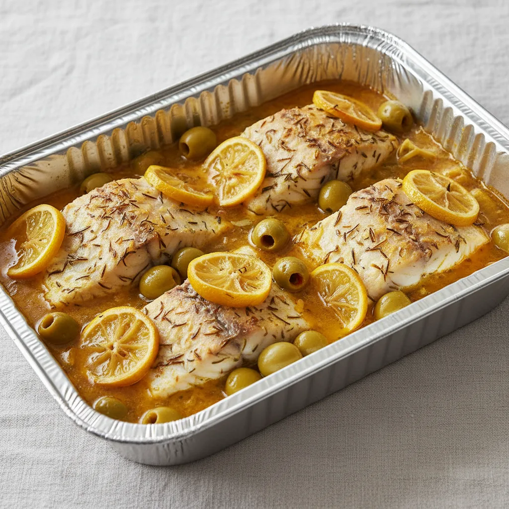 Tagine — White Fish With Preserved Lemons and Green Olives (half Pan) Tagine — White Fish With Preserved Lemons and Green Olives (half Pan)
