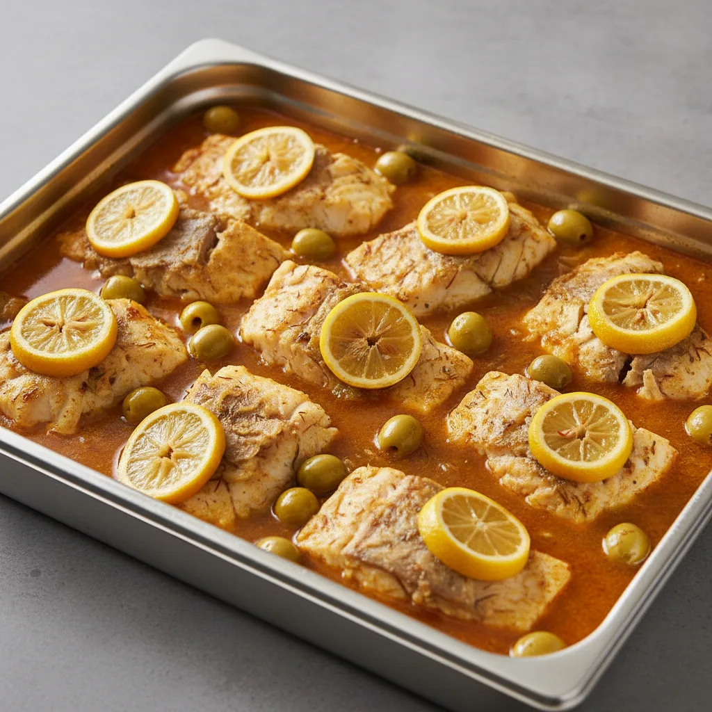 Tagine — White Fish With Preserved Lemons and Green Olives (full Pan) Tagine — White Fish With Preserved Lemons and Green Olives (full Pan)