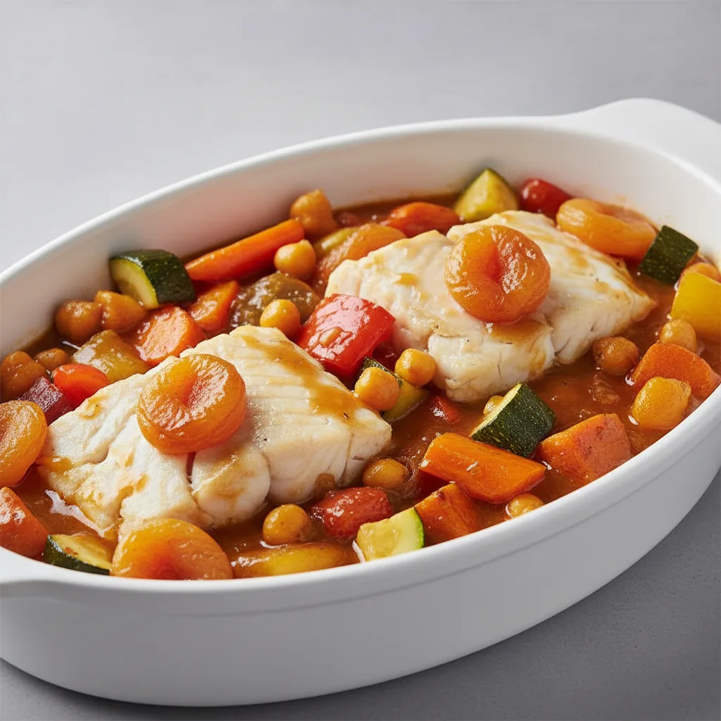 Tagine — White Fish With Mixed Veggies and Apricot Sauce (half Pan) Tagine — White Fish With Mixed Veggies and Apricot Sauce (half Pan)