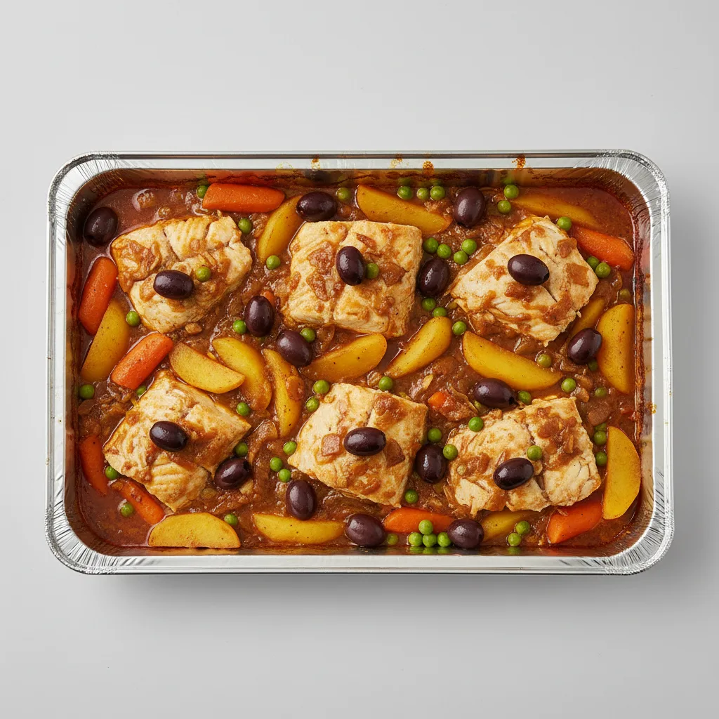 Tagine — White Fish With Black Olives, Peas, Carrots, Potatoes (half Pan) Tagine — White Fish With Black Olives, Peas, Carrots, Potatoes (half Pan)