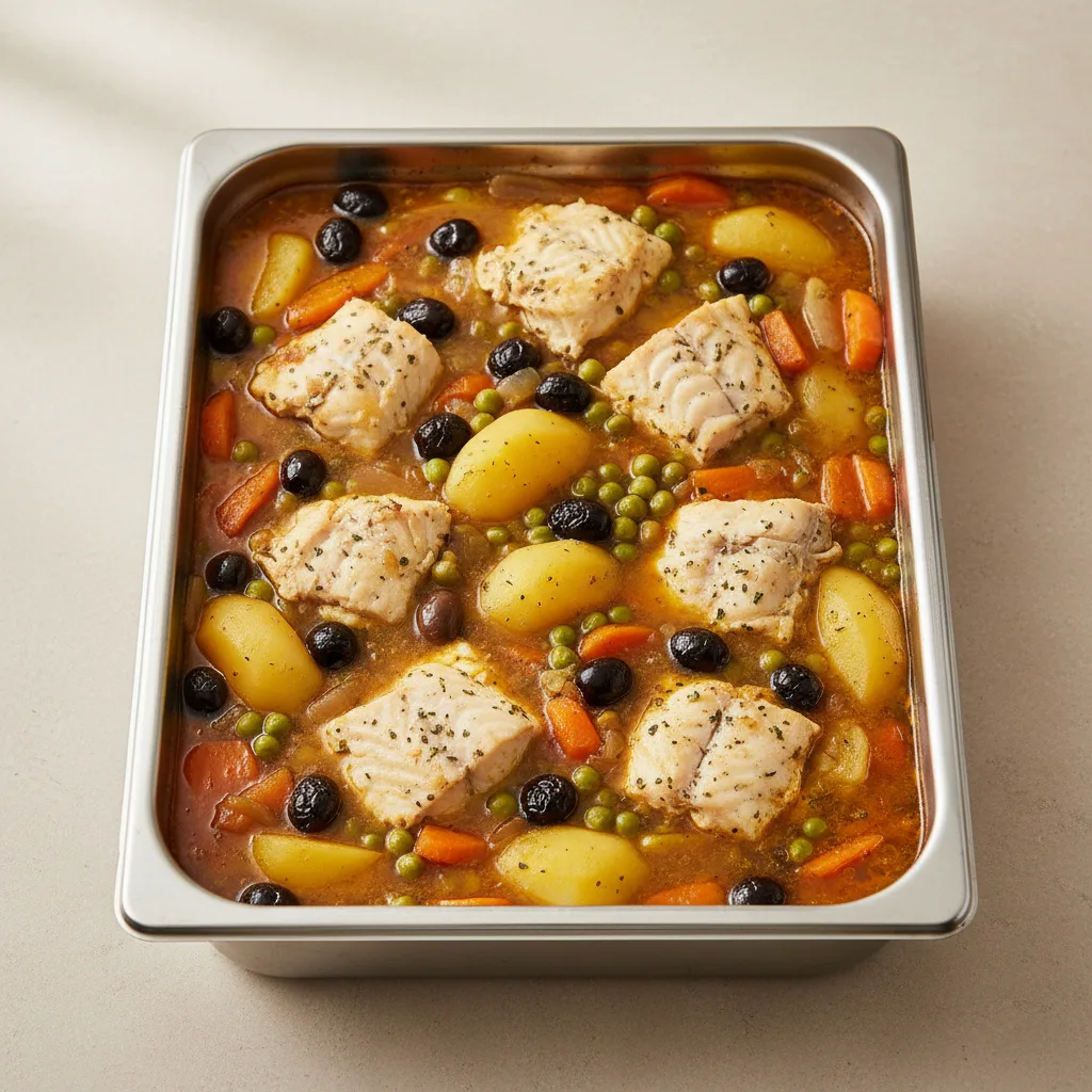 Tagine — White Fish With Black Olives, Peas, Carrots, Potatoes (full Pan) Tagine — White Fish With Black Olives, Peas, Carrots, Potatoes (full Pan)